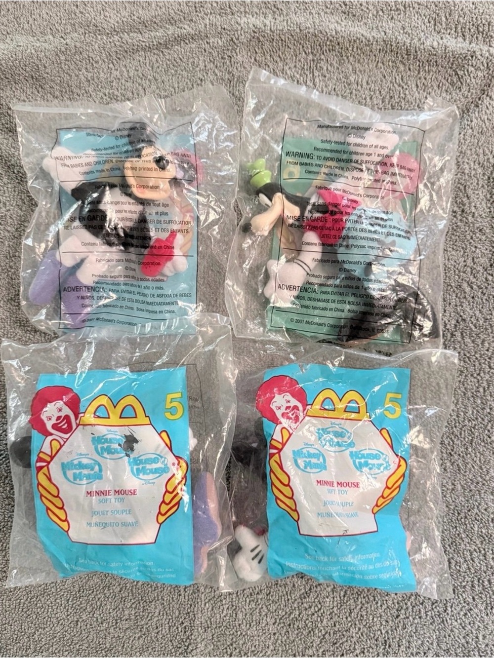 2001 Vintage McDonald’s Happy Meal Toys (3) Minnie Mouse & (1) Goofy (Soft Toy)